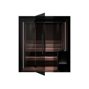 Tylö Reflection premium indoor sauna featuring full-height smoked glass doors and integrated LED mood lighting, Roberts Leisure Isle of Man.