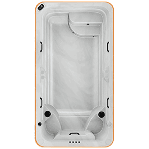 Technical overhead view of an Arctic Spas Athabascan luxury hot tub interior showing the spacious 7-seat layout and multi-level cool-down step, Roberts Leisure.