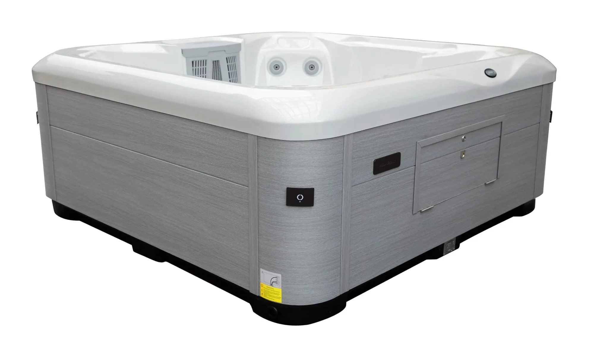 Angled side profile of the Vacation Cove holiday let hot tub showing the durable grey composite cabinet and secure lockable equipment panel.