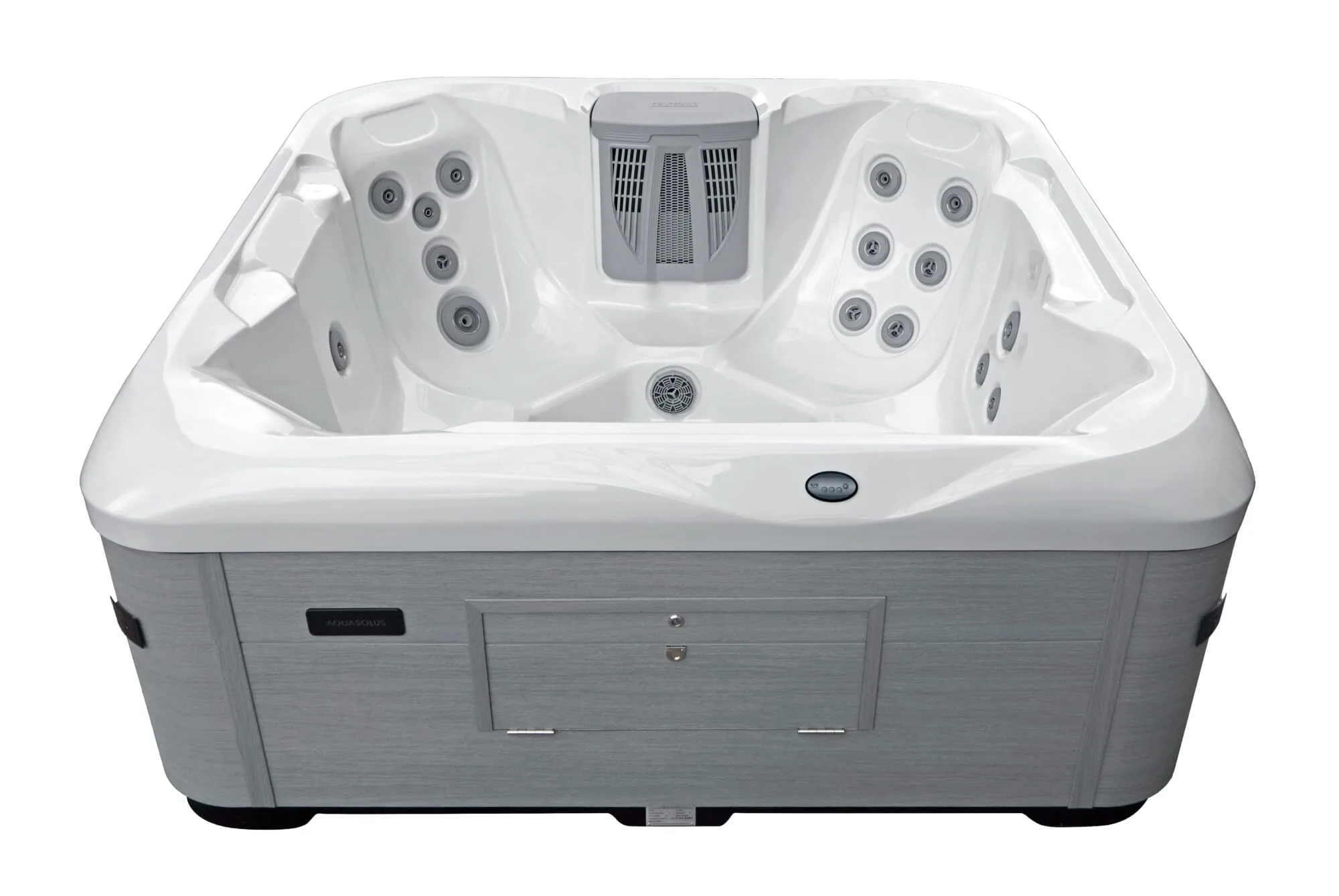 Front view of the Vacation Cove Hot Tub showing the hidden, lockable equipment panel and the clean lines of the grey outer cabinet.
