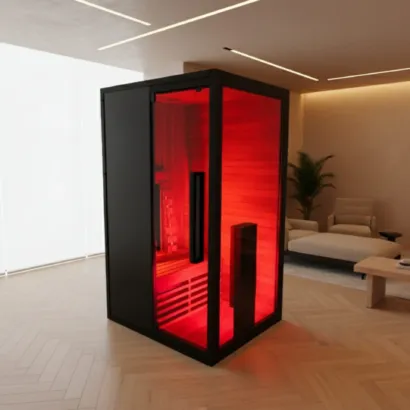 Hekla 100 premium infrared sauna with integrated red light therapy and minimalist black exterior, Roberts Leisure Isle of Man.