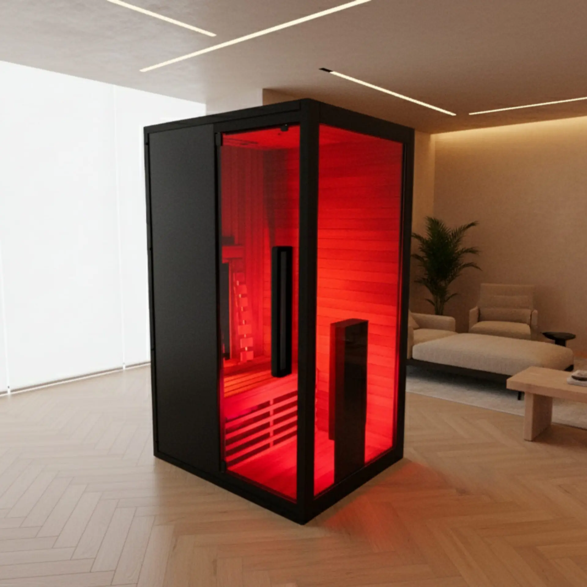 Hekla 100 premium infrared sauna with integrated red light therapy and minimalist black exterior, Roberts Leisure Isle of Man.