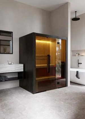 Hekla 160 luxury indoor sauna featuring a contemporary glass-fronted design and integrated LED mood lighting, Roberts Leisure Isle of Man.