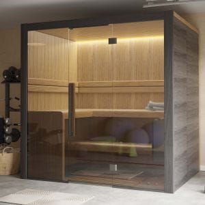 Hekla 210 large-capacity indoor traditional sauna with expansive panoramic glass facade and premium Nordic timber finish, Roberts Leisure Isle of Man.