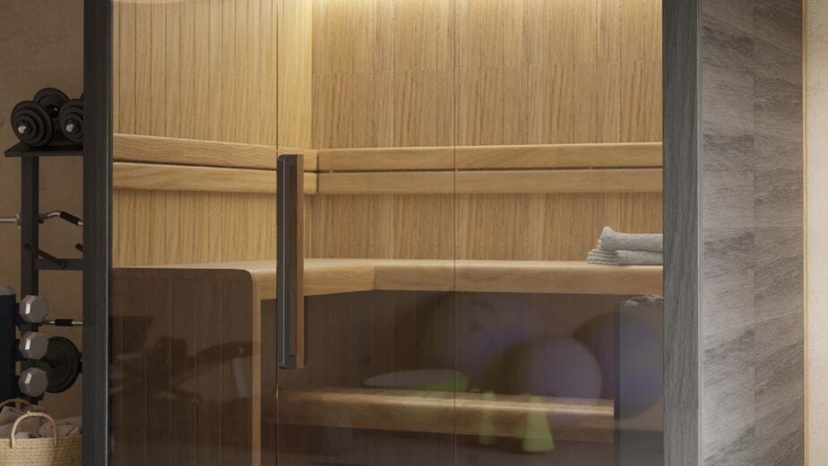 Hekla 210 large-capacity indoor traditional sauna with expansive panoramic glass facade and premium Nordic timber finish, Roberts Leisure Isle of Man.