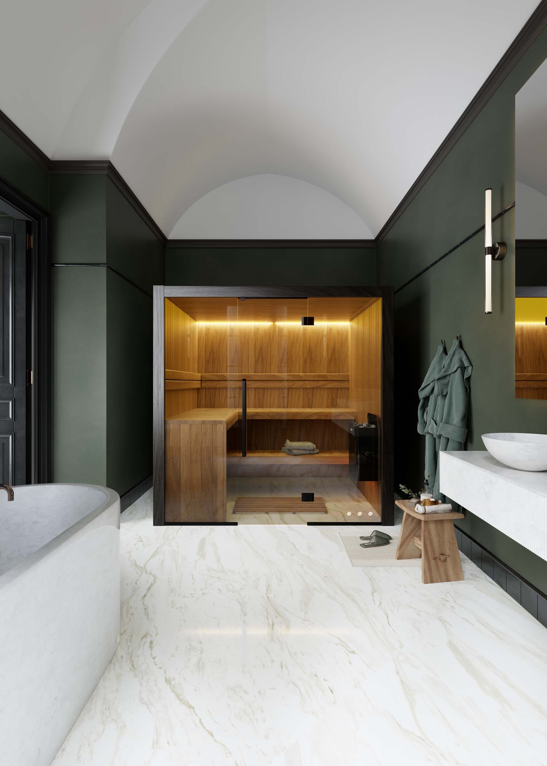 Hekla 210 large-capacity indoor traditional sauna with multi-level aspen seating and expansive panoramic glass facade, Roberts Leisure Isle of Man.