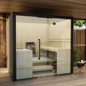 Hekla 220 large-capacity indoor traditional sauna featuring a contemporary glass facade and premium multi-level thermo-aspen seating, Roberts Leisure Isle of Man.