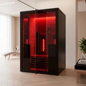 Hekla IR130 premium two-person infrared sauna featuring integrated red light therapy and a minimalist black architectural exterior, Roberts Leisure Isle of Man.