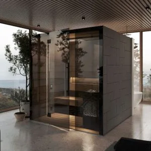 Tylö Reflection luxury glass-fronted sauna cabin, installed by Roberts Leisure Isle of Man.