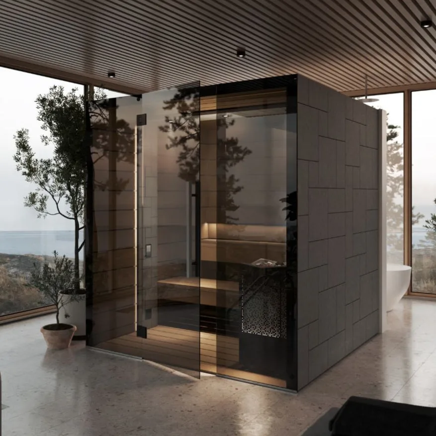 Tylö Reflection luxury glass-fronted sauna cabin, installed by Roberts Leisure Isle of Man.