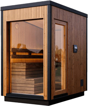 Studio shot of the Yakia Ultima S outdoor sauna featuring premium vertical wood-paneled exterior, glass door, and integrated interior LED lighting, Roberts Leisure Isle of Man