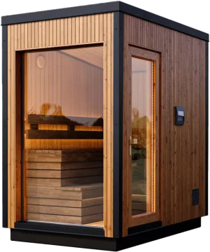 Studio shot of the Yakia Ultima S outdoor sauna featuring premium vertical wood-paneled exterior, glass door, and integrated interior LED lighting, Roberts Leisure Isle of Man