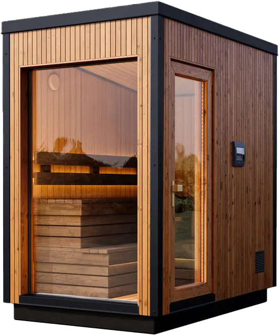 Studio shot of the Yakia Ultima S outdoor sauna featuring premium vertical wood-paneled exterior, glass door, and integrated interior LED lighting, Roberts Leisure Isle of Man