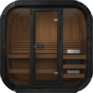 Yakia Cube premium outdoor sauna featuring a contemporary square-log design and expansive panoramic glass front, Roberts Leisure Isle of Man.