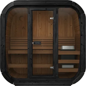 Yakia Cube premium outdoor sauna featuring a contemporary square-log design and expansive panoramic glass front, Roberts Leisure Isle of Man.