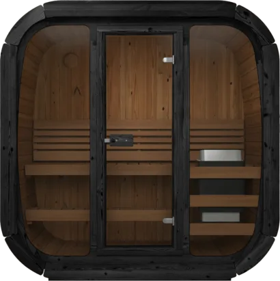 Yakia Cube premium outdoor sauna featuring a contemporary square-log design and expansive panoramic glass front, Roberts Leisure Isle of Man.