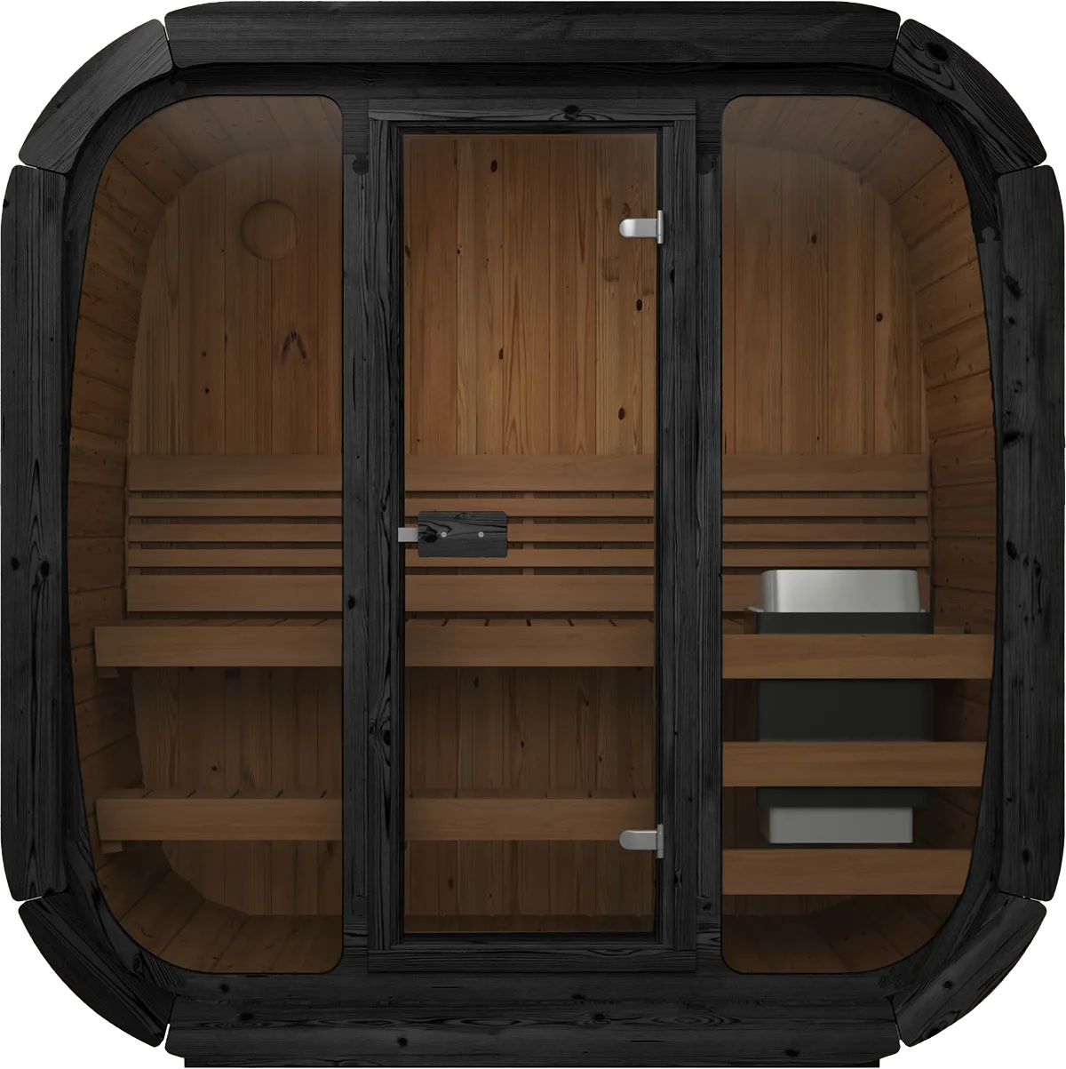 Yakia Cube premium outdoor sauna featuring a contemporary square-log design and expansive panoramic glass front, Roberts Leisure Isle of Man.