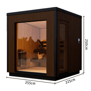 Studio shot of the Yakia Ultima L outdoor sauna featuring a large vertical timber-paneled exterior, glass door, internal sauna heater and bucket, with clearly labeled dimensions of 255cm x 225cm, Roberts Leisure Isle of Man
