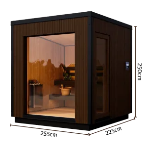 Studio shot of the Yakia Ultima L outdoor sauna featuring a large vertical timber-paneled exterior, glass door, internal sauna heater and bucket, with clearly labeled dimensions of 255cm x 225cm, Roberts Leisure Isle of Man