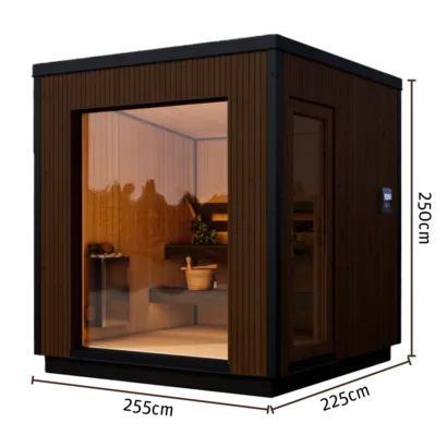 Studio shot of the Yakia Ultima L outdoor sauna featuring a large vertical timber-paneled exterior, glass door, internal sauna heater and bucket, with clearly labeled dimensions of 255cm x 225cm, Roberts Leisure Isle of Man