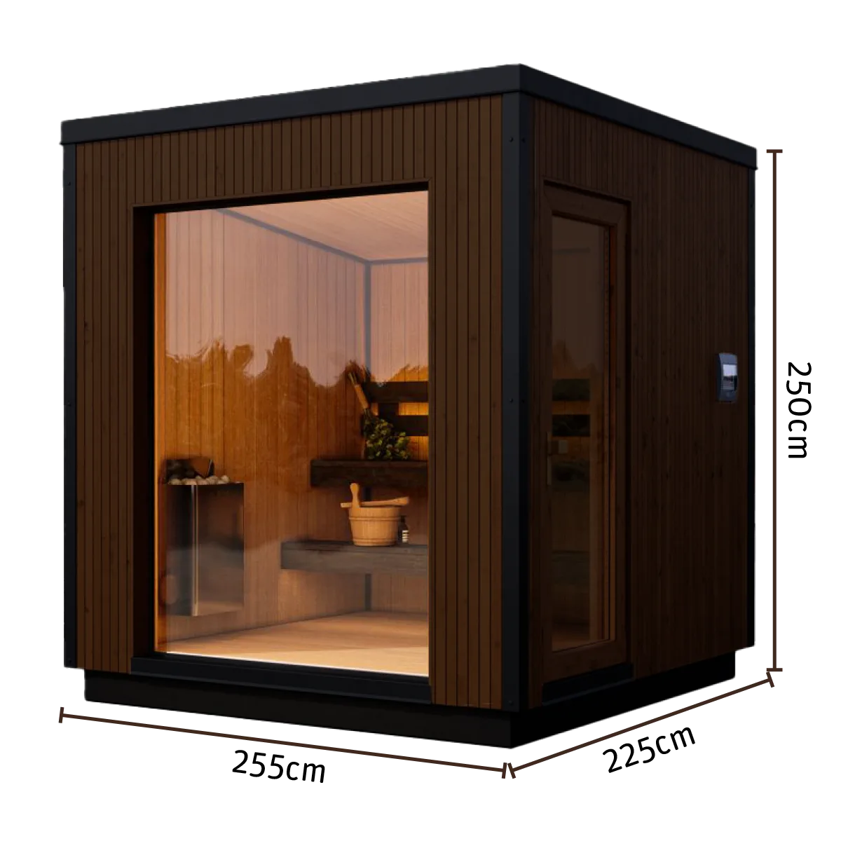 Studio shot of the Yakia Ultima L outdoor sauna featuring a large vertical timber-paneled exterior, glass door, internal sauna heater and bucket, with clearly labeled dimensions of 255cm x 225cm, Roberts Leisure Isle of Man