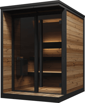 Studio photo of a Yakia 400S outdoor sauna with a dark timber wood-paneled exterior, full-height glass front door, and warm lighting inside.
