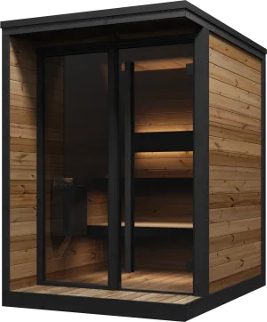 Studio photo of a Yakia 400S outdoor sauna with a dark timber wood-paneled exterior, full-height glass front door, and warm lighting inside.