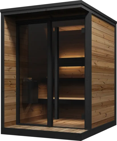 Studio photo of a Yakia 400S outdoor sauna with a dark timber wood-paneled exterior, full-height glass front door, and warm lighting inside.