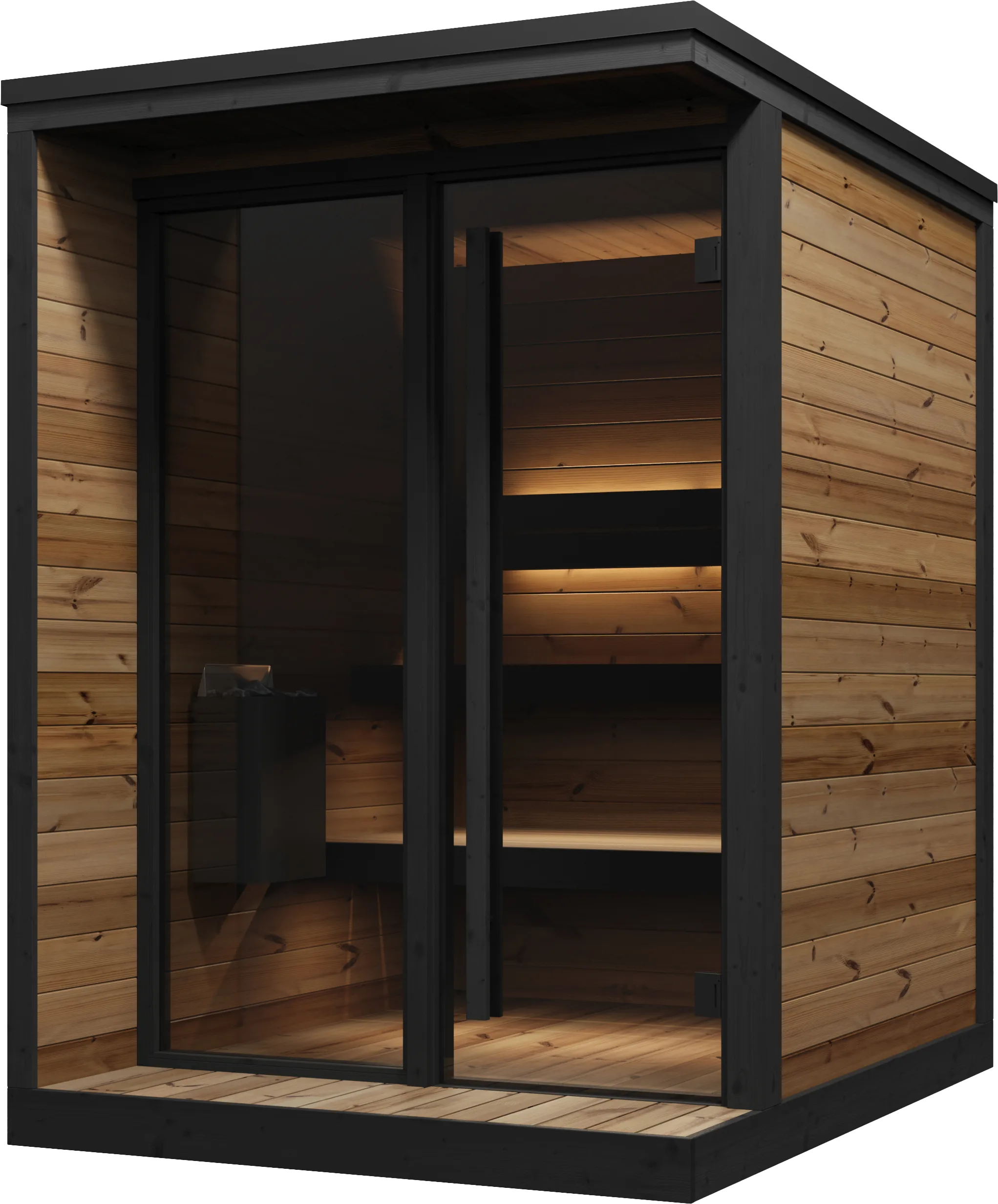 Studio photo of a Yakia 400S outdoor sauna with a dark timber wood-paneled exterior, full-height glass front door, and warm lighting inside.
