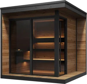 Studio shot of a Yakia 400L luxury garden sauna featuring a dark timber exterior, full-height glass front door, and warm interior lighting, Roberts Leisure Isle of Man