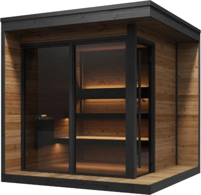 Studio shot of a Yakia 400L luxury garden sauna featuring a dark timber exterior, full-height glass front door, and warm interior lighting, Roberts Leisure Isle of Man