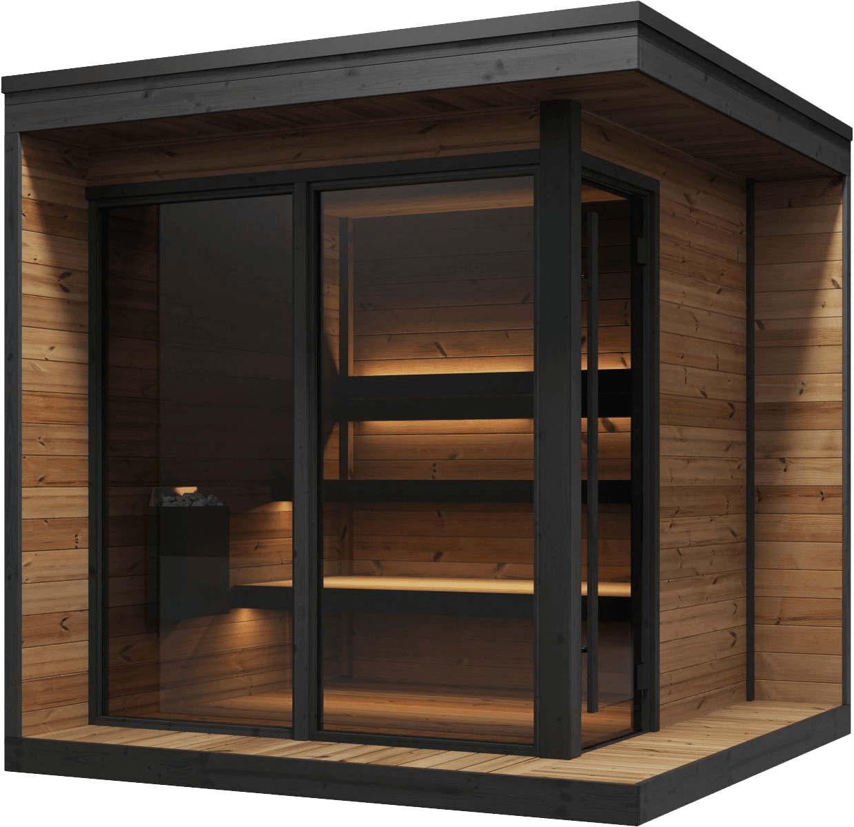 Studio shot of a Yakia 400L luxury garden sauna featuring a dark timber exterior, full-height glass front door, and warm interior lighting, Roberts Leisure Isle of Man