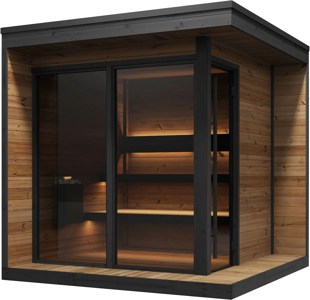 Studio shot of a Yakia 400L luxury garden sauna featuring a dark timber exterior, full-height glass front door, and warm interior lighting, Roberts Leisure Isle of Man