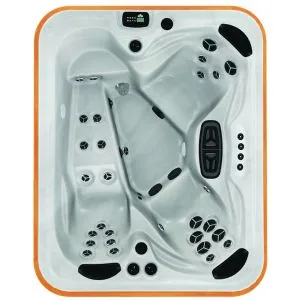 Top-down view of the Arctic Spas Arctic Fox hot tub shell in white, a premium compact 3-person spa featuring a full-body lounger, available for delivery across the Isle of Man.