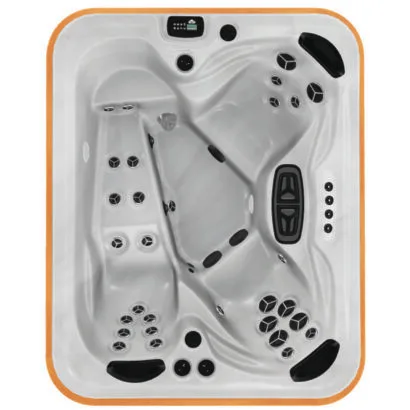 Top-down view of the Arctic Spas Arctic Fox hot tub shell in white, a premium compact 3-person spa featuring a full-body lounger, available for delivery across the Isle of Man.