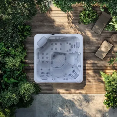 AquaSolus Harmony (Series 2) luxury 6-seater hot tub featuring a full-body lounger, 44 precision hydrotherapy jets, and Gecko K1000 touchscreen controls, Roberts Leisure Isle of Man.