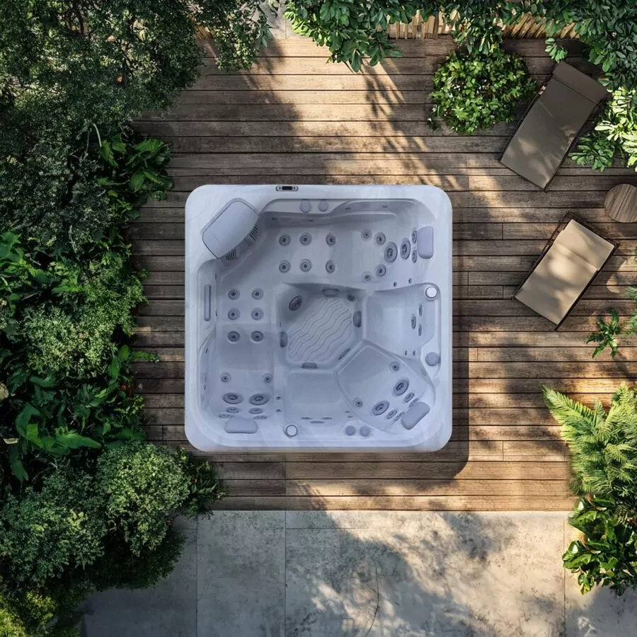 AquaSolus Harmony (Series 2) luxury 6-seater hot tub featuring a full-body lounger, 44 precision hydrotherapy jets, and Gecko K1000 touchscreen controls, Roberts Leisure Isle of Man.