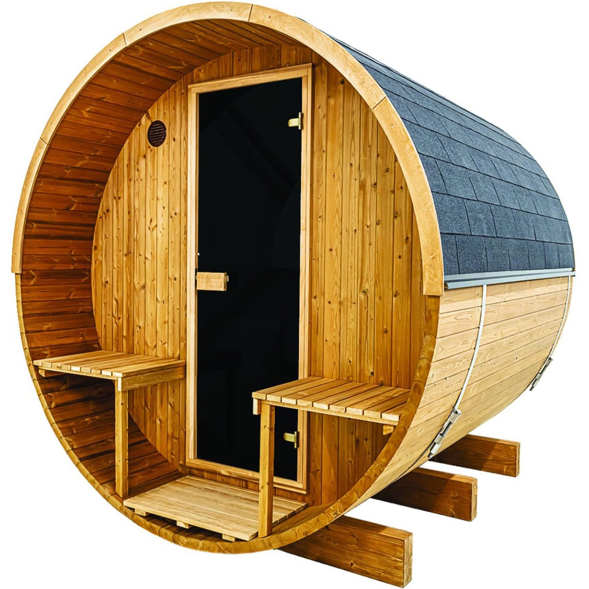 Hekla traditional barrel outdoor sauna with integrated porch seating and weather-resistant shingle roofing, Roberts Leisure Isle of Man.