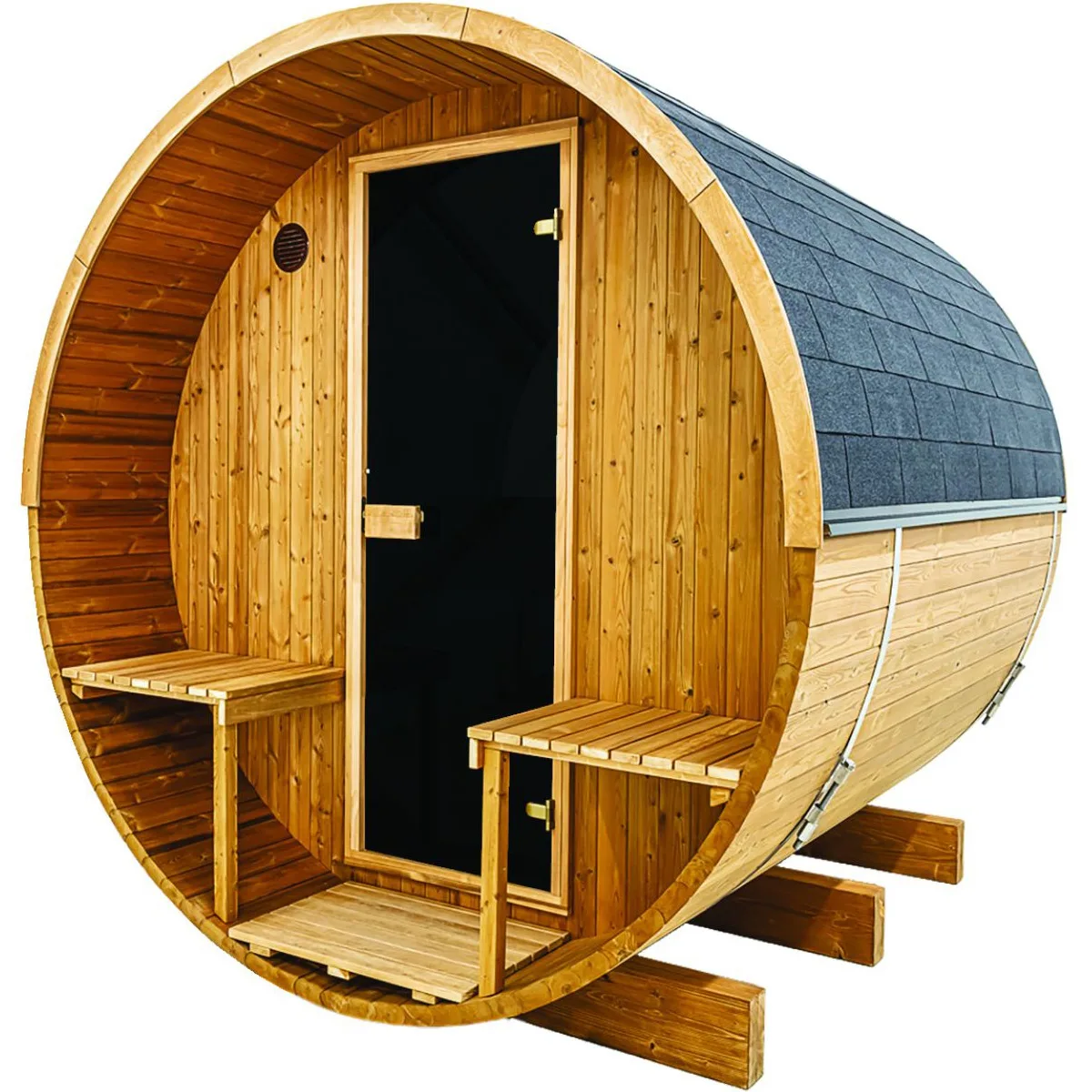 Hekla traditional barrel outdoor sauna with integrated porch seating and weather-resistant shingle roofing, Roberts Leisure Isle of Man.