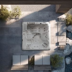 AquaSolus Cascade (Series 3) luxury 5-seater hot tub featuring dual full-body loungers, 45 precision hydrotherapy jets, and Gecko K1000 touchscreen controls, Roberts Leisure Isle of Man.