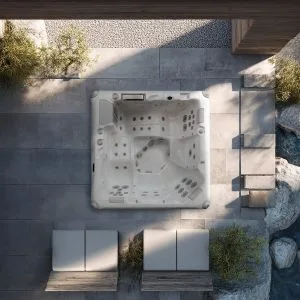 AquaSolus Cascade (Series 3) luxury 5-seater hot tub featuring dual full-body loungers, 45 precision hydrotherapy jets, and Gecko K1000 touchscreen controls, Roberts Leisure Isle of Man.