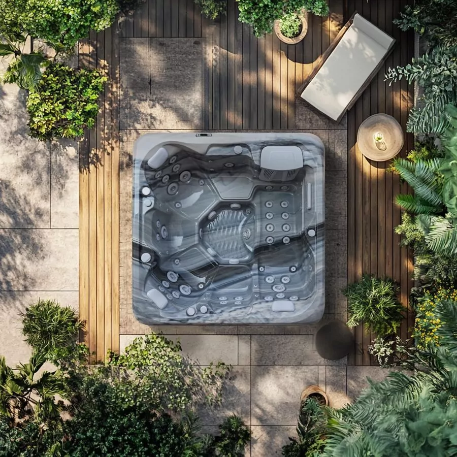 AquaSolus Eden (Series 2) luxury 5-seater hot tub featuring a full-body lounger, 42 precision hydrotherapy jets, and Gecko K1000 touchscreen controls, Roberts Leisure Isle of Man.