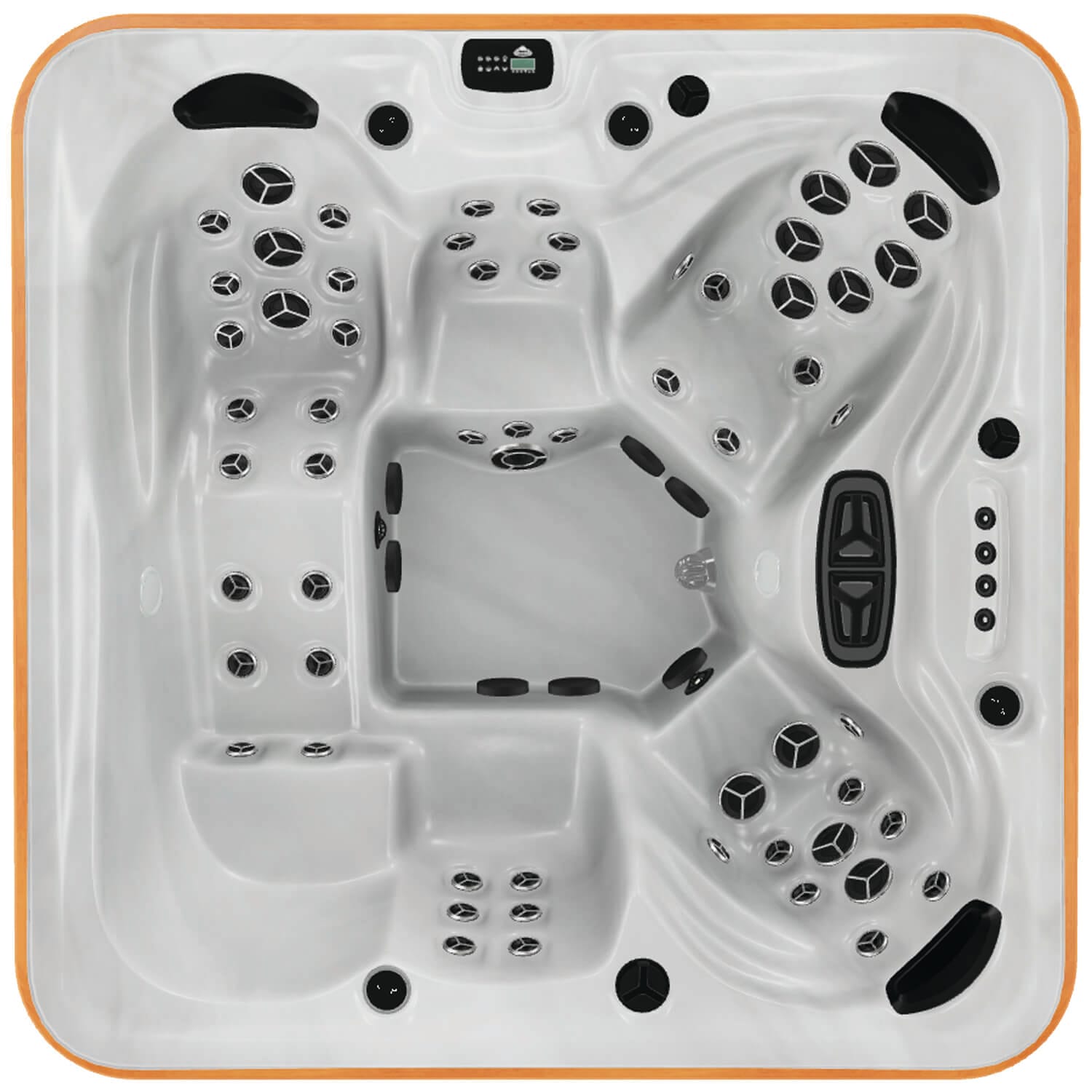 Overhead view of the Arctic Spas Kodiak hot tub shell in white, featuring a 5-6 person seating capacity with a full-body lounger and therapeutic jets, available for Isle of Man installation.
