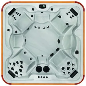 Overhead view of the Arctic Spas McKinley hot tub shell in white, a 5-6 person spa with ergonomic seating and deep-tissue jets, available for Isle of Man delivery.