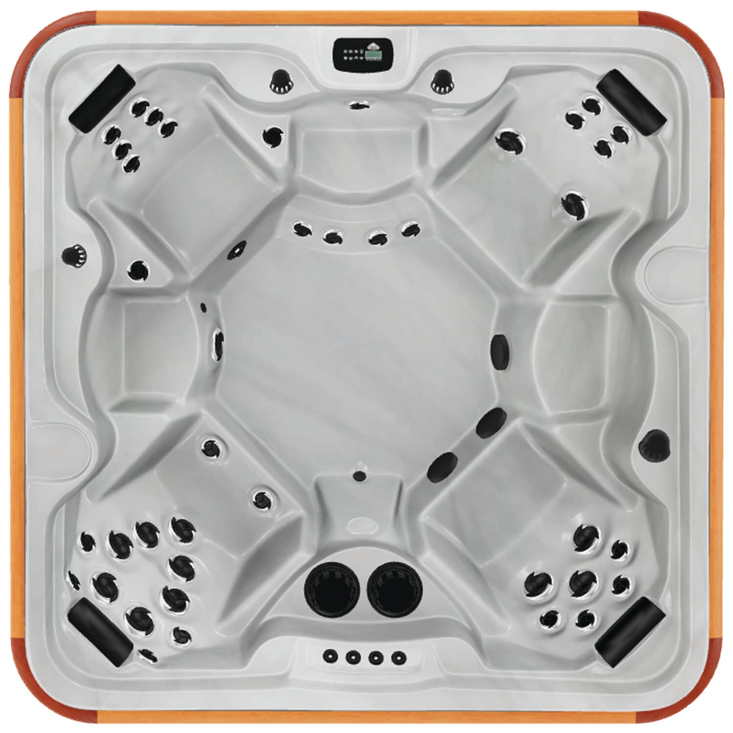 Overhead view of the Arctic Spas McKinley hot tub shell in white, a 5-6 person spa with ergonomic seating and deep-tissue jets, available for Isle of Man delivery.