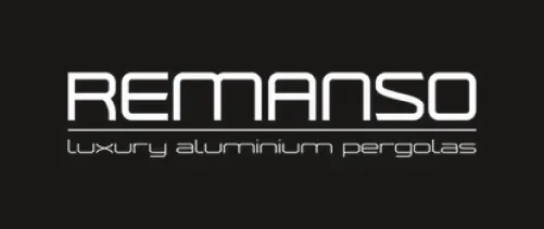Alt Text: Official Remanso Luxury Aluminium Pergolas brand logo, white inverse version, Roberts Leisure Isle of Man.