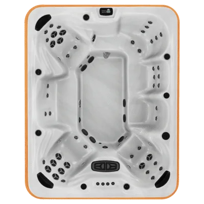 Overhead view of the Arctic Spas Summit XL hot tub shell in white, a luxury 8-9 person large spa available in the Isle of Man, featuring diverse seating levels and an expansive jet system.