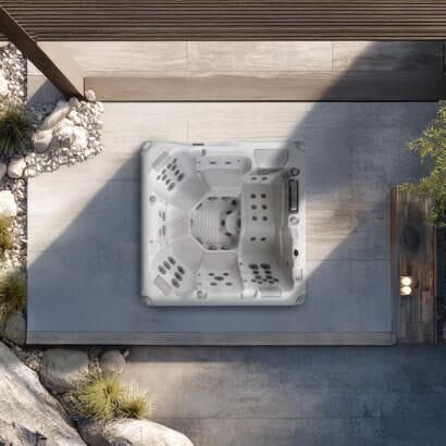 AquaSolus Serenity (Series 3) premium 6-seater hot tub featuring a full-body lounger, 46 precision hydrotherapy jets, and Gecko K1000 touchscreen controls, Roberts Leisure Isle of Man.