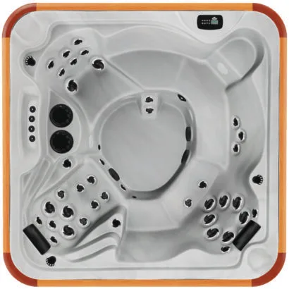 Overhead view of the Arctic Spas Totem hot tub shell in white, featuring a 4-5 person seating layout with varied hydrotherapy jets, available for Isle of Man delivery.