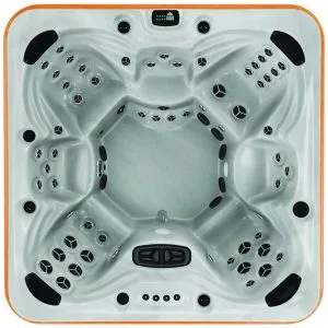 Overhead view of the Arctic Spas Tundra hot tub shell in white, a spacious 7-8 person spa with multi-level seating and advanced hydrotherapy jets, available for Isle of Man delivery.